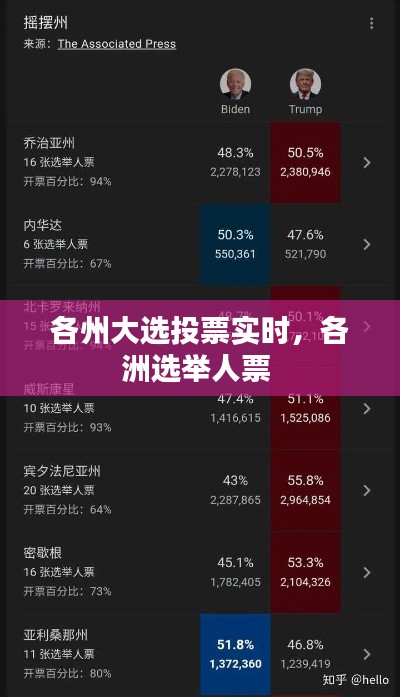 各州大选投票实时，各洲选举人票 